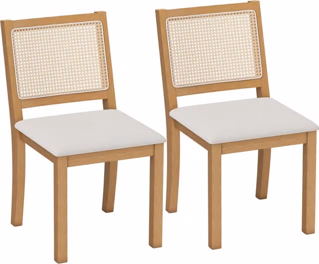 Set di 2 sedie da pranzo HOMCOM con seduta imbottita e schienale effetto rattan, Rovere e Crema