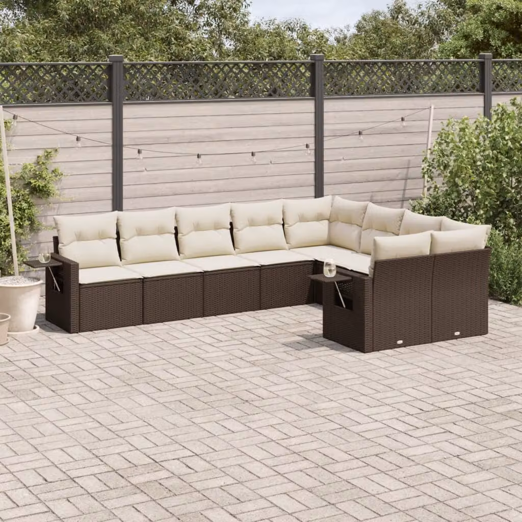 vidaXL Set Divani da Giardino 9 Pezzi in Polyrattan Marrone con Cuscini e Tavolino da Esterno – 1