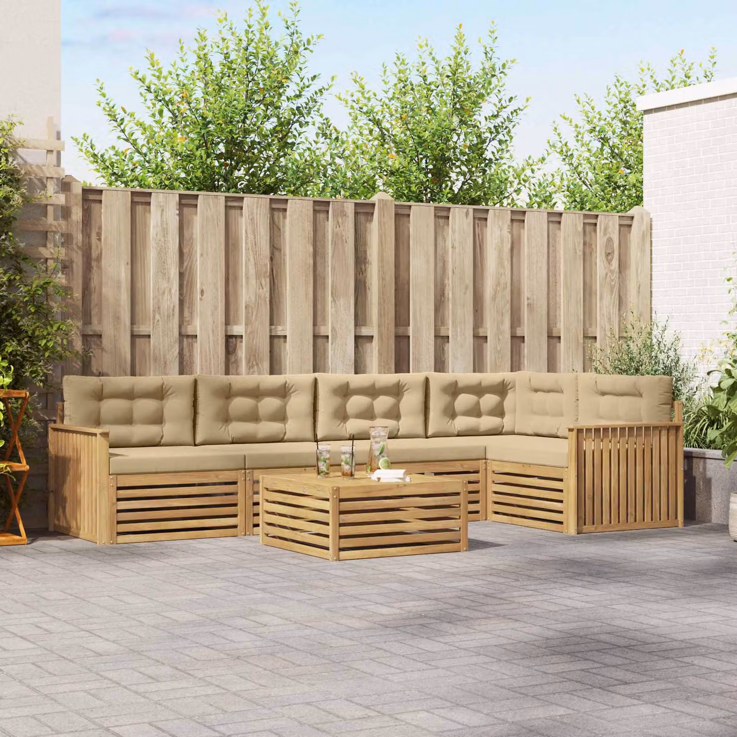 Set di divani da esterno vidaXL 6 pz in legno di acacia, Bianco, Beige e Marrone