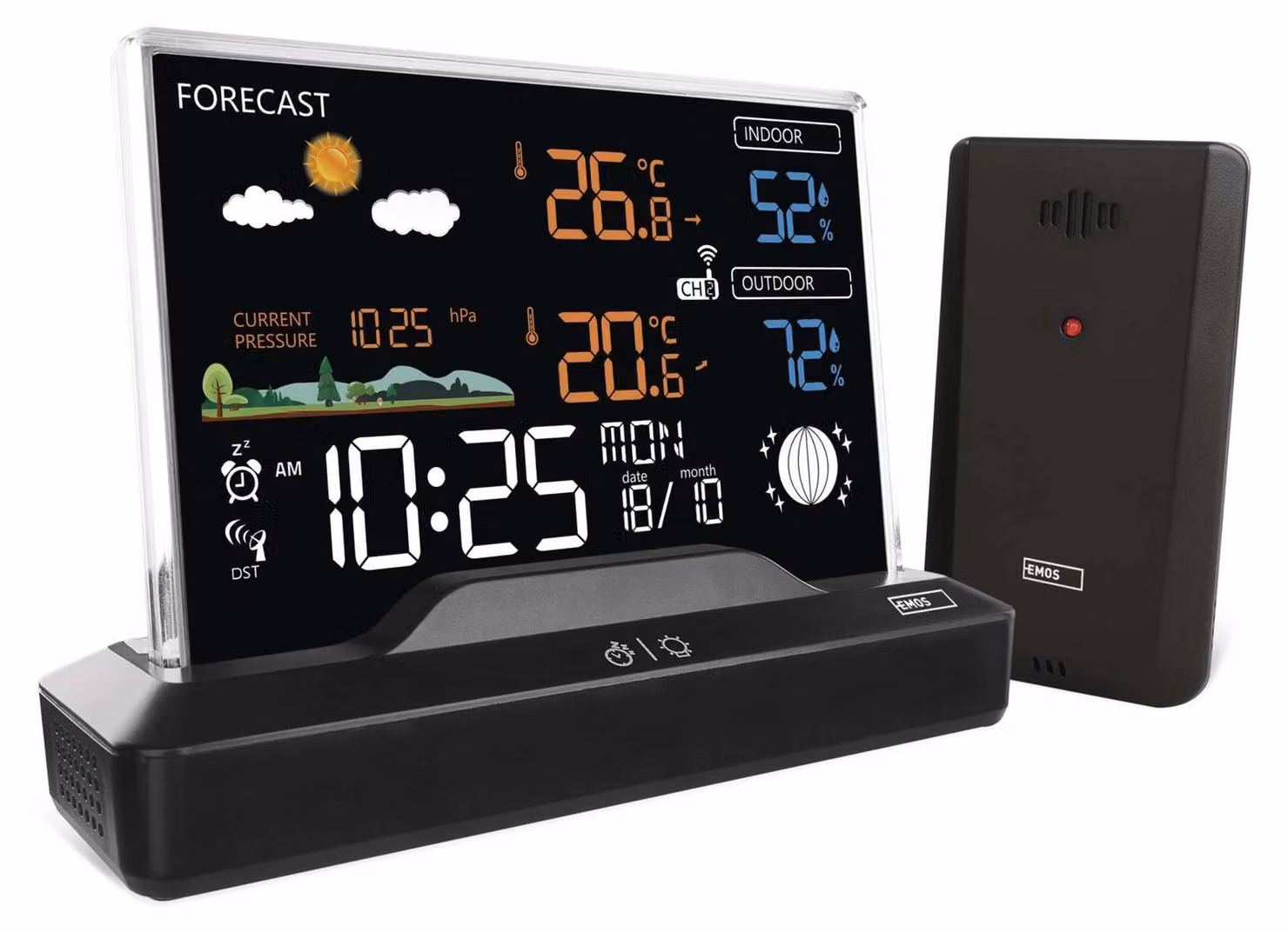 Stazione meteorologica wireless EMOS senza cornice con sensore esterno, previsioni del tempo, memoria, orologio radiocontrollato con sveglia, calendario, doppia alimentazione, E8620