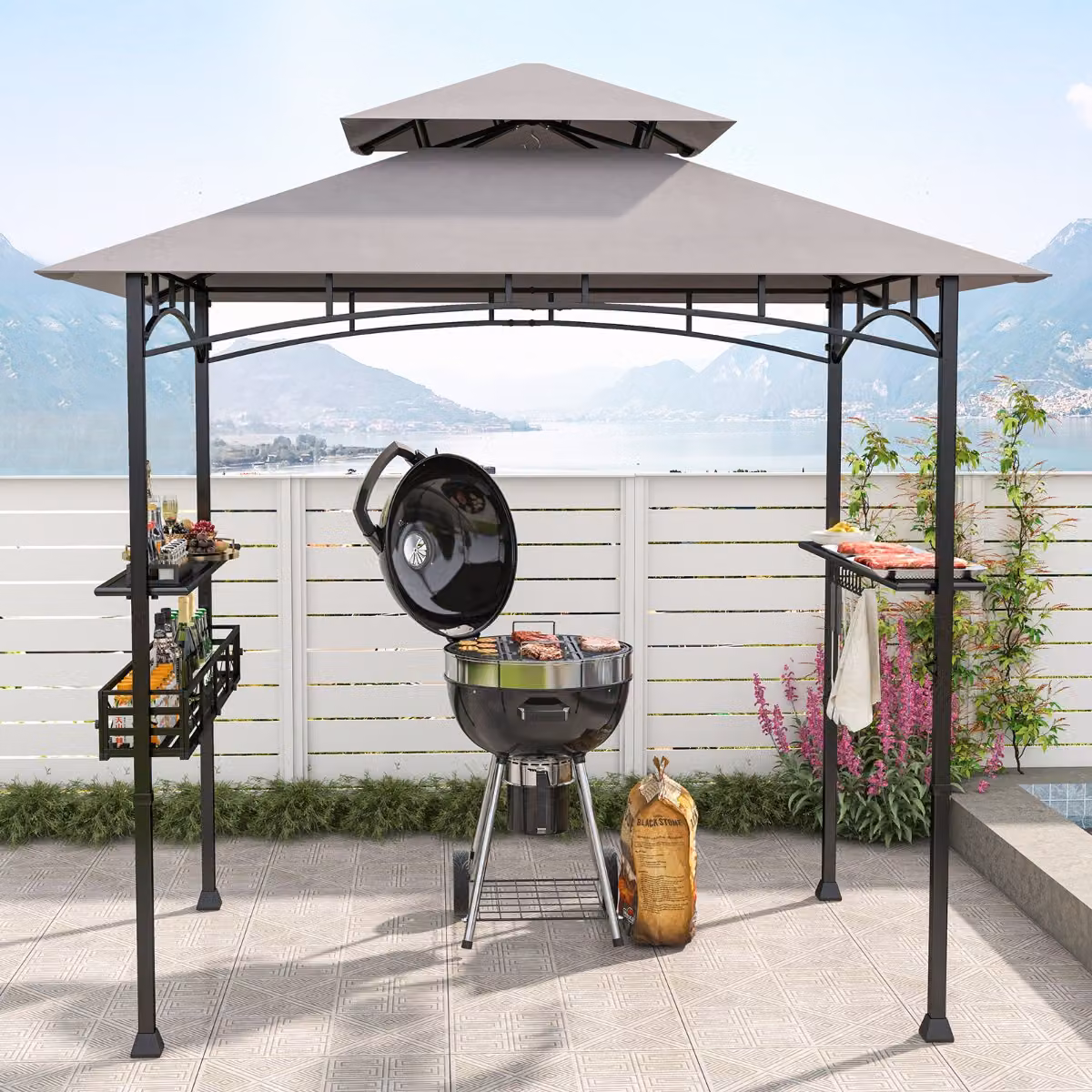 Gazebo barbecue Costway con 2 ripiani laterali, cestino e ganci appendiutensili, tendone da esterno grigio L: 242 cm x P: 153 cm