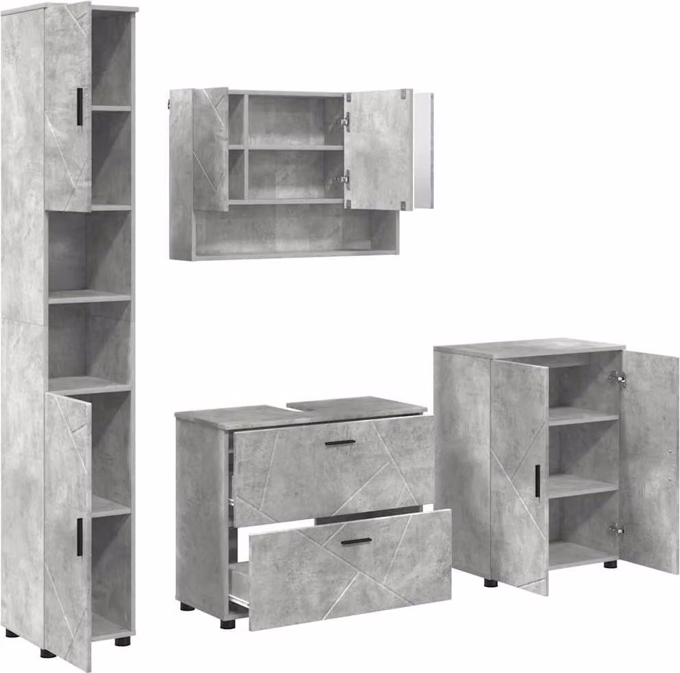 Set di mobili da bagno 4 pezzi in compensato grigio cemento e metallo
