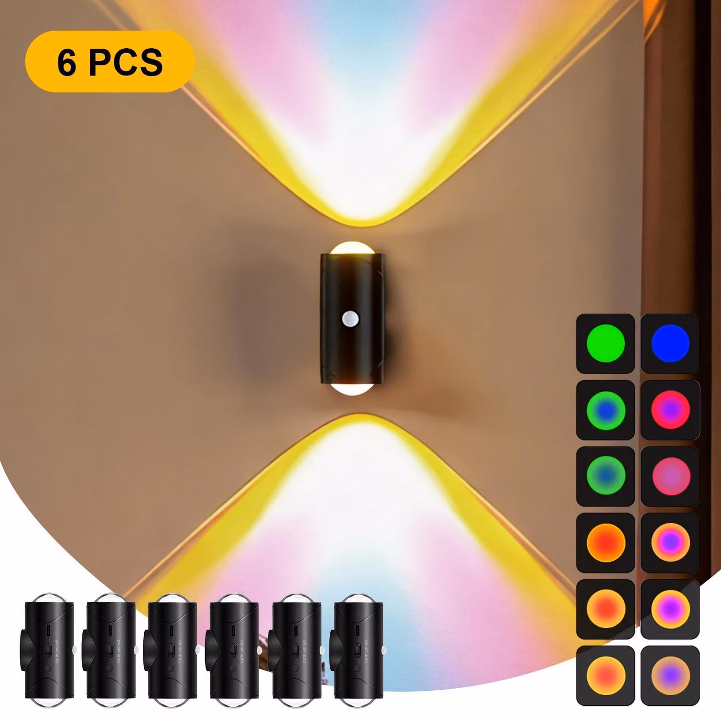 Lampada da parete, con LED a cambio di colore, sensore di movimento, colore nero, confezione da 6 pezzi