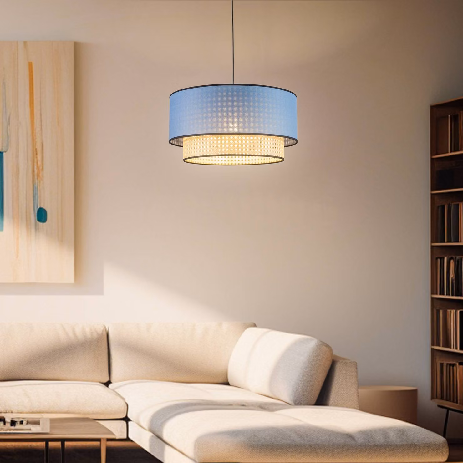 Lampada a sospensione Boho Duolla, dimmerabile, Legno chiaro, Soggiorno / Sala da pranzo, Tessuto / Stoffa / Seta, Campagna / Rustiche, Lampada a sospensione