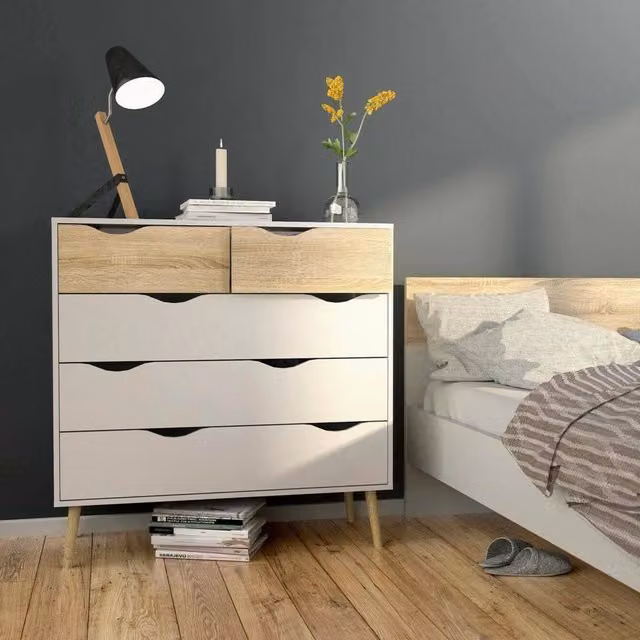 Cassettiera a cinque cassetti Aurelio DMORA colore bianco e rovere L 98 cm, H 100 cm, P 39 cm