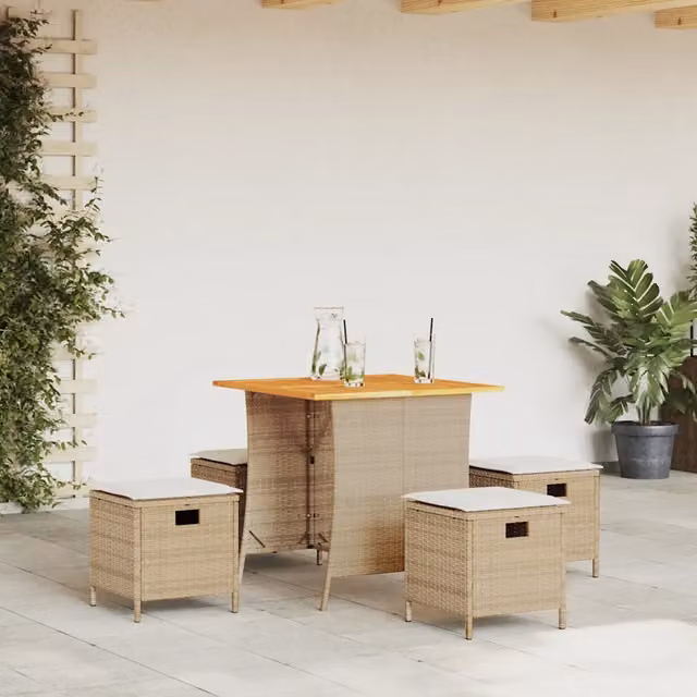Set da pranzo da giardino vidaXL in legno di acacia e polyrattan con 5 pezzi e cuscini beige e bianchi – 1