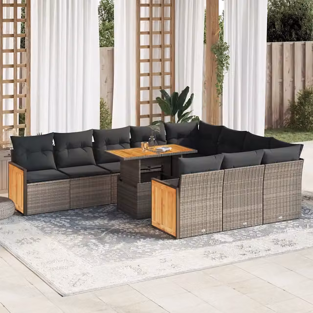 Set di divani da giardino vidaXL in polyrattan e legno di acacia grigio con 11 pezzi e cuscini inclusi – 1