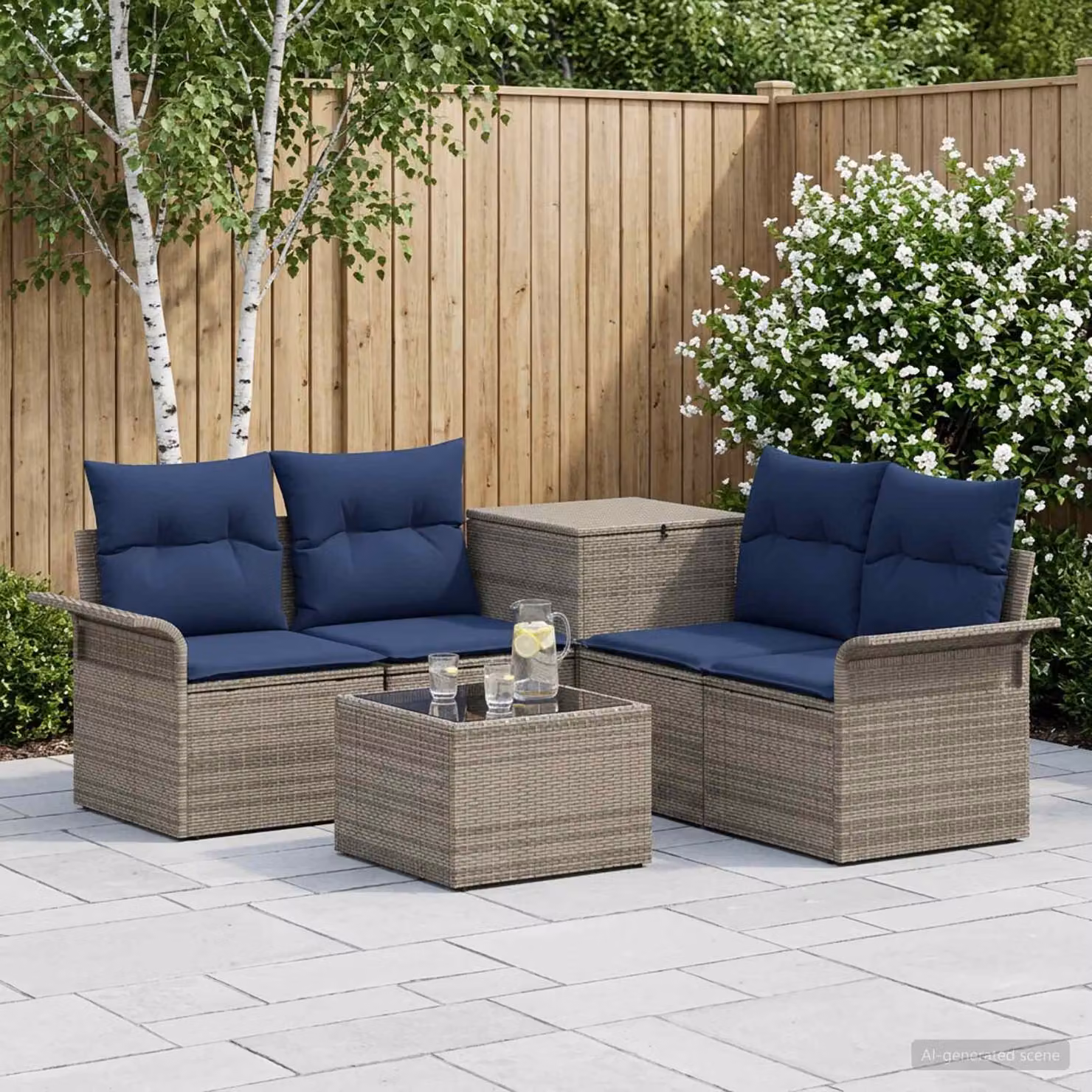 Set di divani da giardino vidaXL a forma di U con tavolino e pouf, 6 pezzi, Grigio e Blu Navy