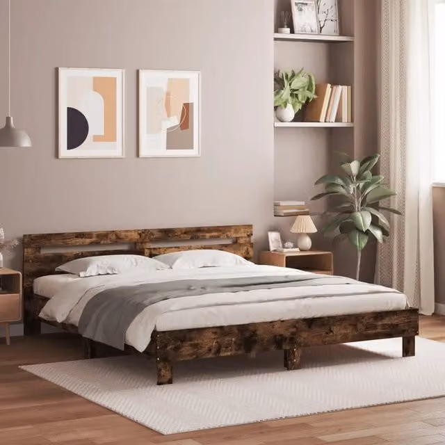 Giroletto con Testiera e LED-Struttura Letto con testiera Rovere Fumo 180x200 cm