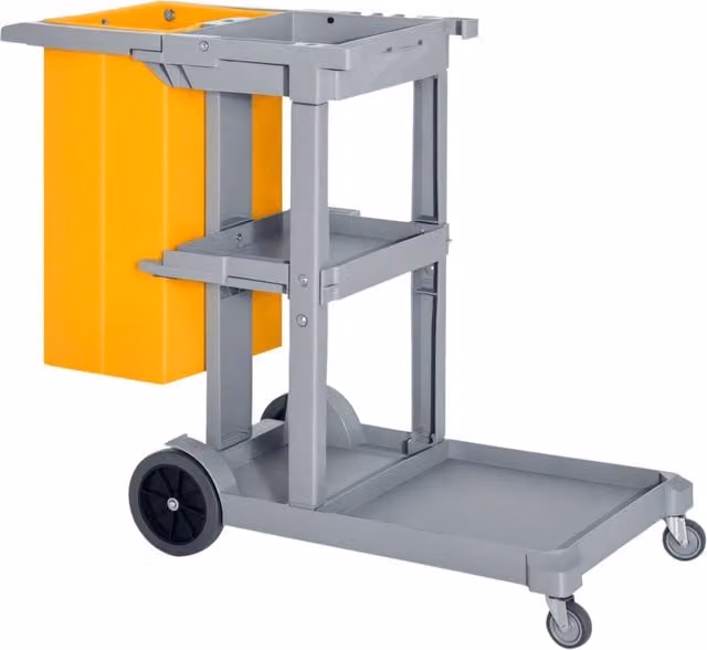 Carrello per pulizie professionale DESIGN IN con 3 ripiani, ganci portascopa, 4 ruote e sacco da 100L, Arancione, L: 121 cm, P: 50.5 cm, H: 96.5 cm