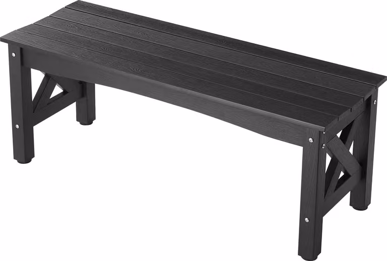 SucceBuy panca da giardino 113 cm, panca resistente alle intemperie con pedane regolabili e struttura robusta, panca in plastica per patio, giardino, parco o veranda, nero
