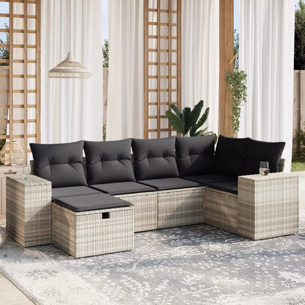 vidaXL Set Divano da Giardino a L 6pz in Polyrattan Grigio con Cuscini e Ottoman – 1