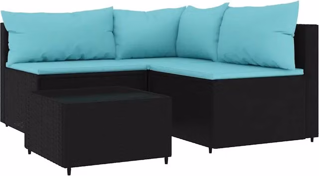 Set Salotto da Giardino Moderno a L con Cuscini e Tavolino in Polyrattan Nero e Acciaio