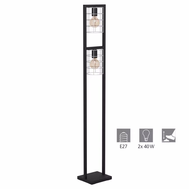 Lampada da terra JUBILY nera zincata E27 2X40W L:22cm L:14,5cm H:145,5cm con interruttore a pedale