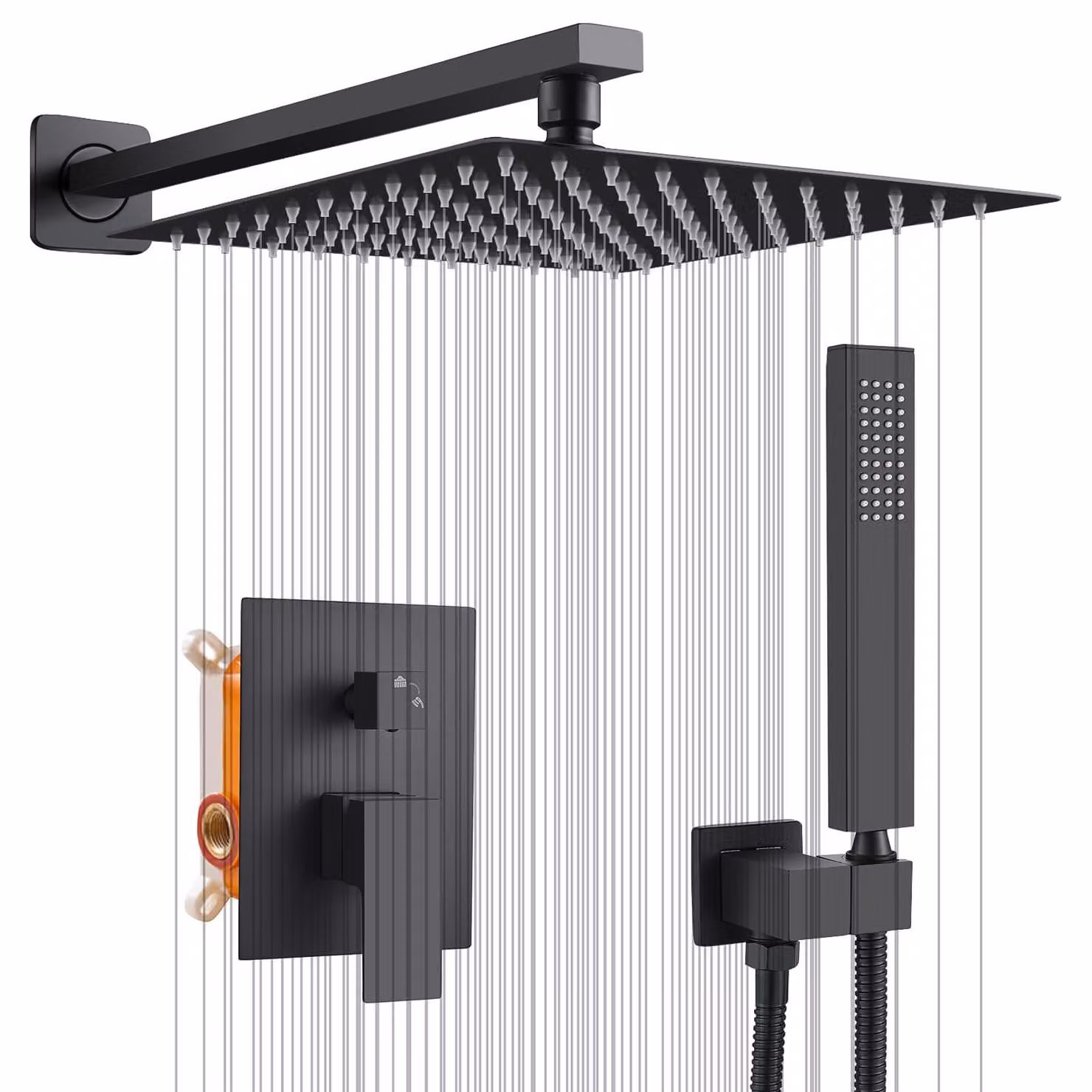 Sistema doccia Inbau, soffione a pioggia da 25,4 cm, doccetta manuale, ottone, nero