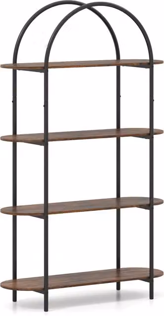 Libreria a forma di arco con 4 ripiani in stile industriale con struttura in metallo e legno, organizzatore espositivo autoportante per soggiorno, ufficio o camera da letto, colore nero e marrone