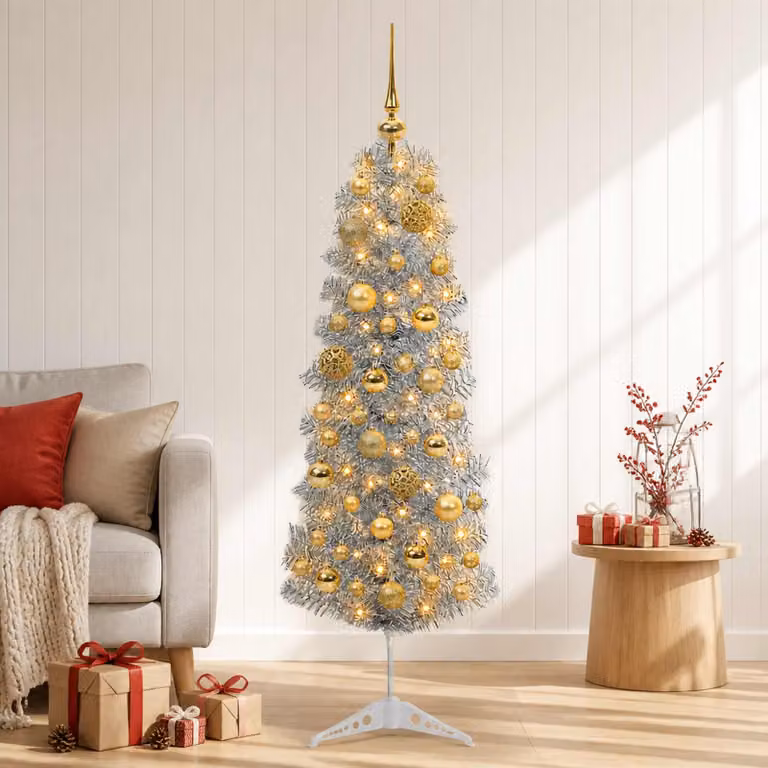vidaXL Albero di Natale Artificiale Slim con Palline 150 cm 150 LED