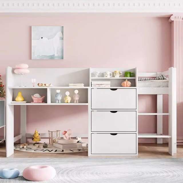 Letto a soppalco basso per bambini 90x200 cm; letto a casetta bianco con cassetti e scaffali