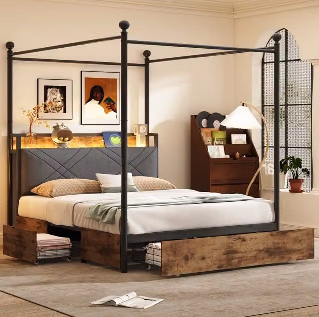 Letto matrimoniale multifunzione 140x190 cm in metallo nero con baldacchino removibile; USB e LED