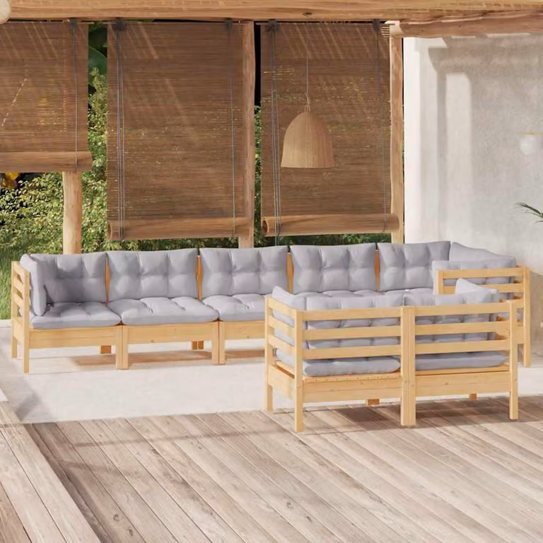 vidaXL Set Divani da Giardino 8 pz a Forma a L in Legno di Pino con Cuscini Grigi