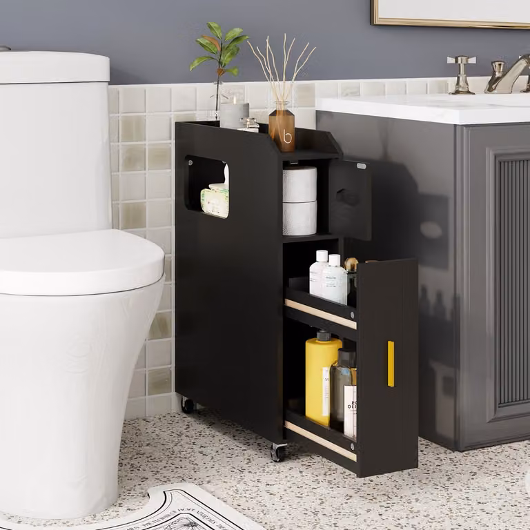 Costway Mobiletto da Bagno Slim con Ruote e Portascopino, Nero