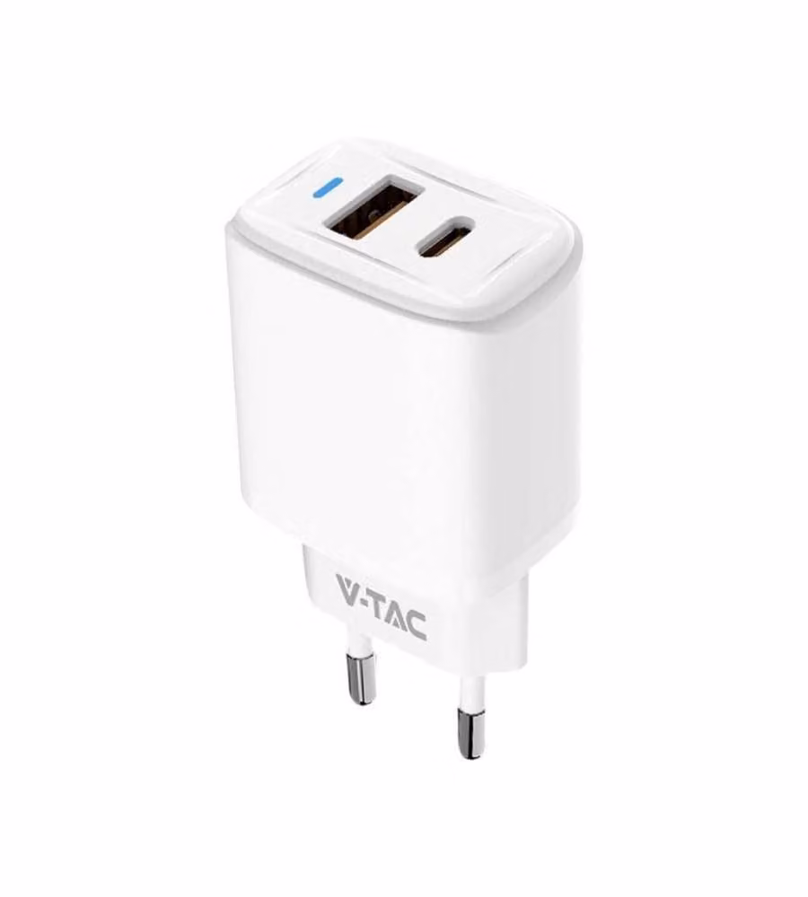 V-TAC Adattatore da Viaggio USB 20W 1 PD+1 QC Colore Bianco