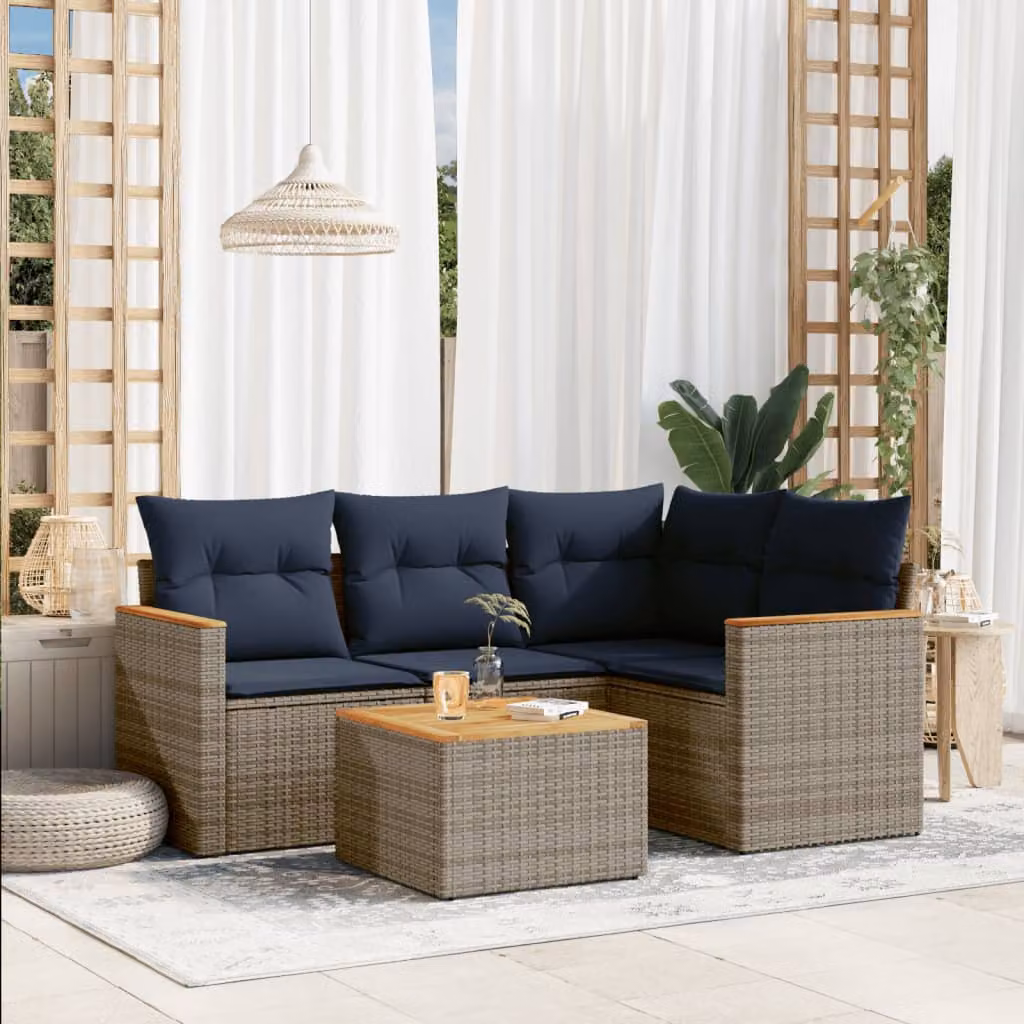 Set Divani da Giardino vidaXL 5 pz a Forma a L con Tavolino, Polyrattan e Cuscini Blu e Grigio