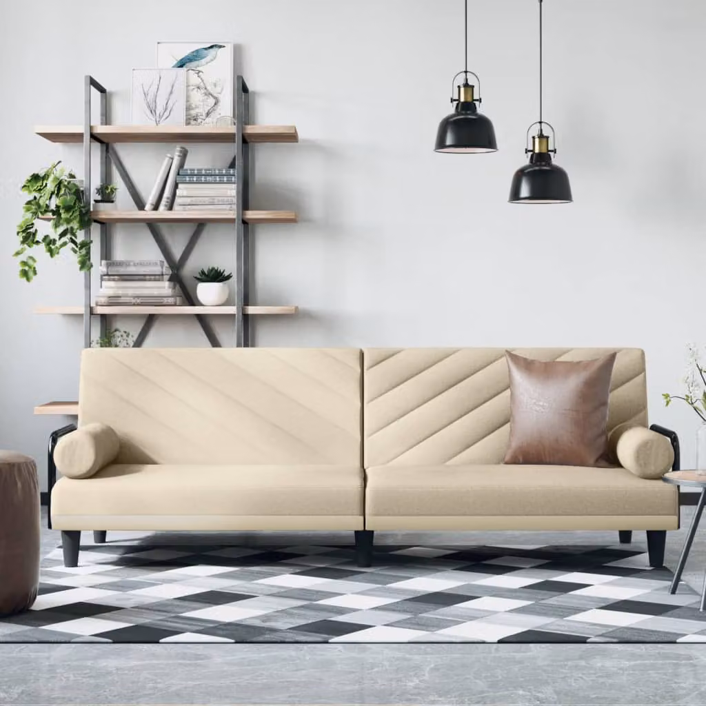 vidaXL Divano Letto Click-Clack Moderno in Tessuto Beige con Braccioli e Cuscini, L/P/H: 205 x 90 x 70 cm
