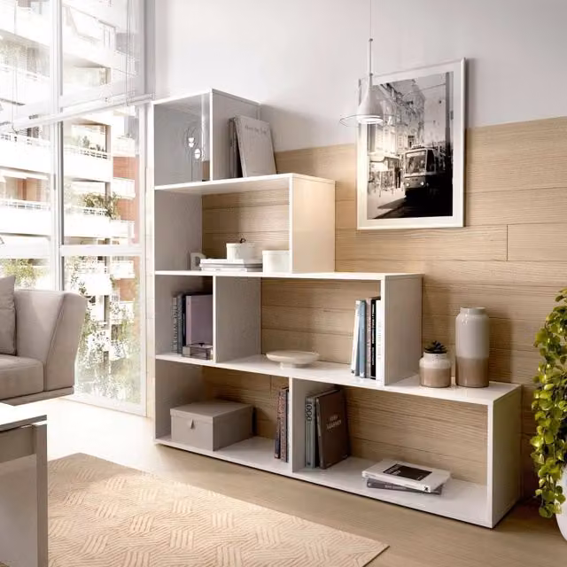 Libreria Dmorr bifacciale con 6 scaffali, mobile divisorio moderno in MDF bianco lucido, L: 145 cm, P: 29 cm, H: 145 cm