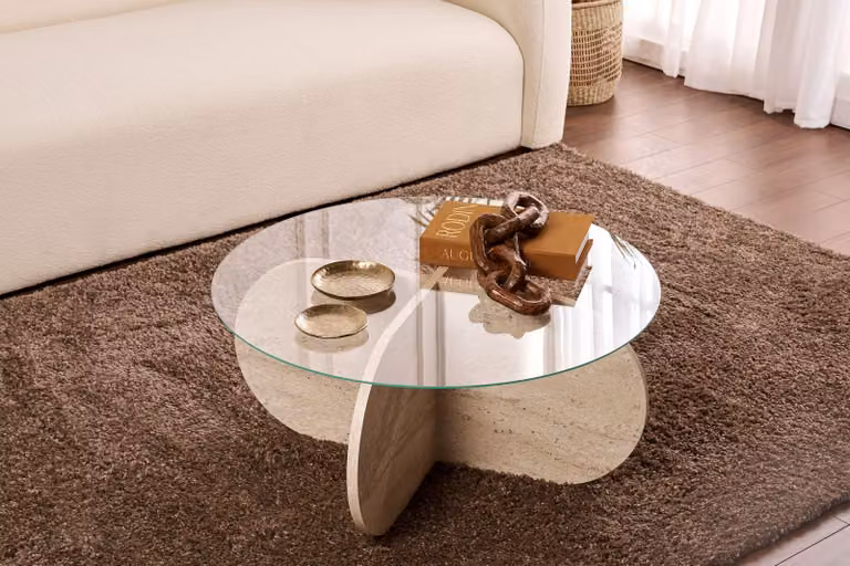 Skye Decor, Aeris - Travertino, Trasparente, Tavolini da caffè, Travertino, Vetro, 75 x 75 x 35 cm