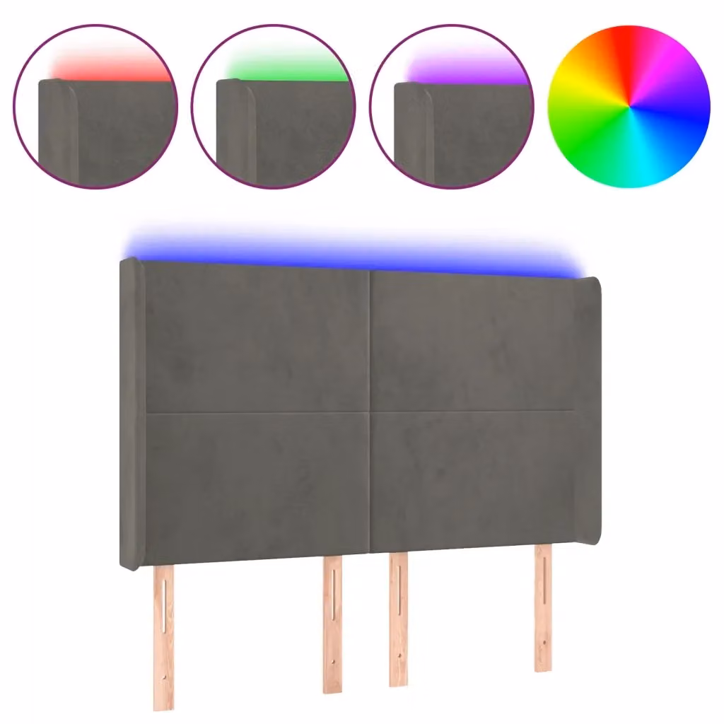 vidaXL Testiera per letto in velluto grigio con illuminazione LED e porta di ricarica USB, L: 147 cm, P: 16 cm, H: 118-128 cm – 2