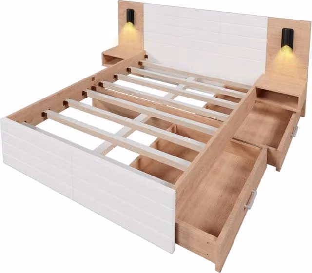 Letto matrimoniale in legno 160x200 cm con 2 cassetti, testiera con luce da lettura e porta USB, struttura e rete 235x80x207 cm bianco e rovere (senza materasso)
