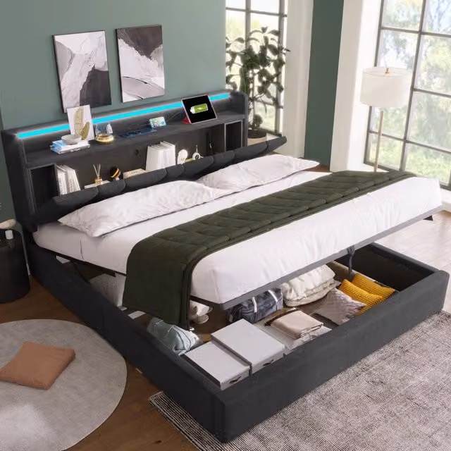 Letto contenitore 160 × 200 cm con testiera imbottita regolabile; LED RGBW; prese USB e Type-C; grigio