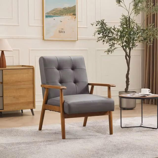 Poltrona lounge MIVRAY in pelle bovina grigia con braccioli e struttura in legno di gomma massello