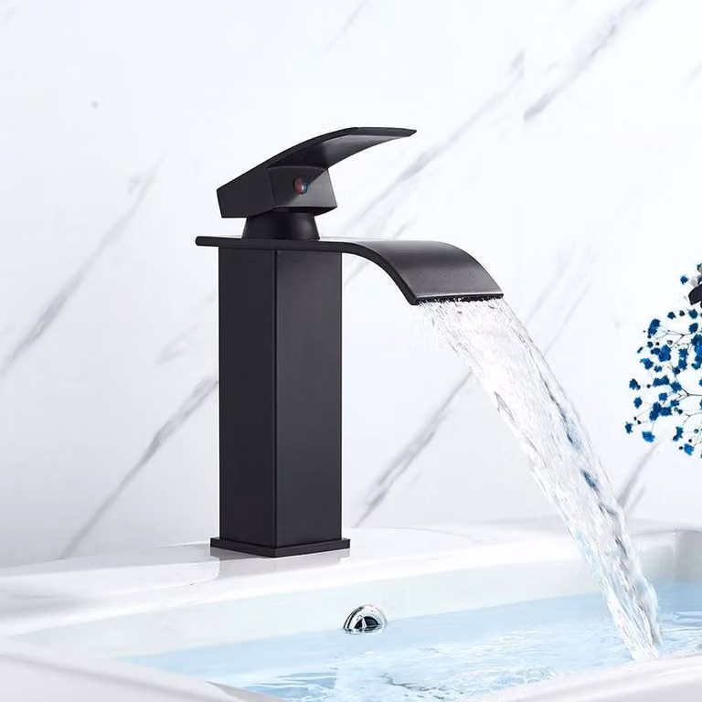 Rubinetto per lavabo - Miscelatore monocomando - Acqua calda/fredda - Cartuccia in Vetroceramica - Montaggio a foro singolo - Bocca a cascata - Corpo in ottone - Nero opaco