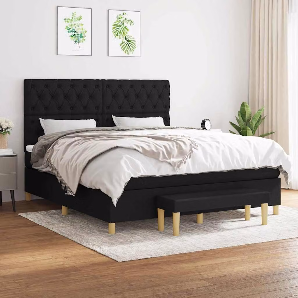 vidaXL Giroletto a Molle Ibrido con Materasso in Tessuto Nero e Bianco L/P/H: 160 x 200 x 128 cm – 1