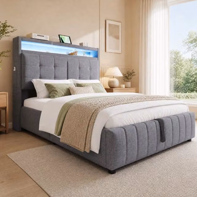 Letto matrimoniale imbottito ULEVR 140x200 cm con vano idraulico, LED e USB, testiera con ripiani, grigio