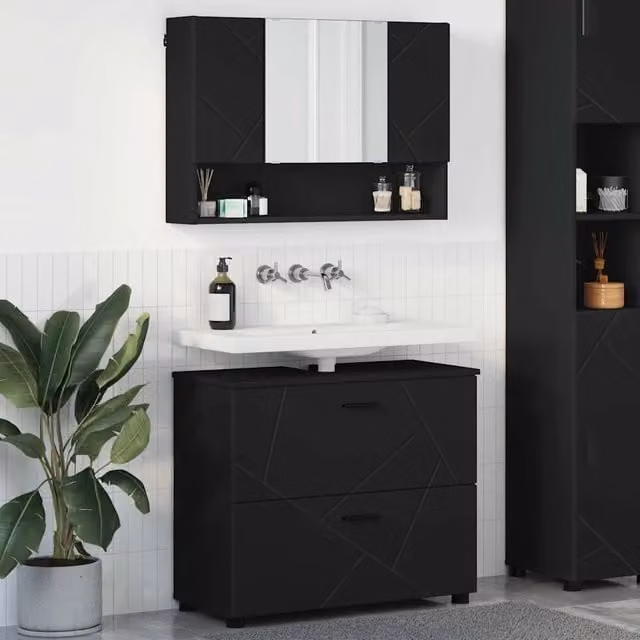 Set di mobili per il bagno moderno vidaXL composto da mobile lavabo e armadietto con specchio nero opaco L/P/H: 76,5 x 35 x 64 cm – 1