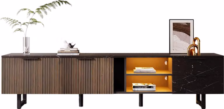Mobile TV Sweiko da 200 cm con look marmo nero, ante con venature di legno scuro, illuminazione LED regolabile, due ante e due cassetti, adatto a robot aspirapolvere