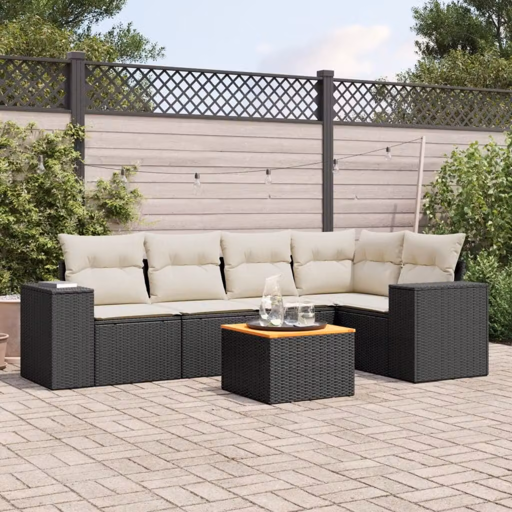 vidaXL Set Divano da Giardino 6 pz a Forma di L in Polyrattan Nero con Cuscini e Tavolino da Esterno – 1