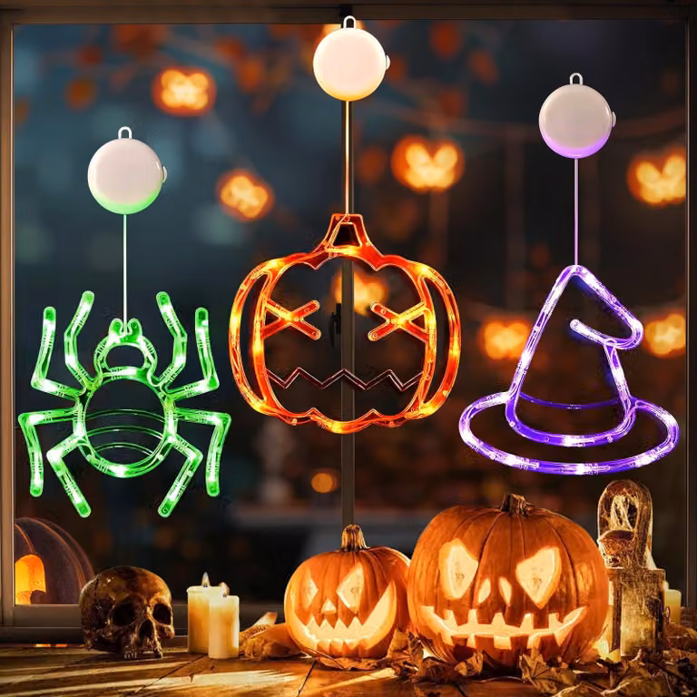 Set da 3 luci per finestre a tema Halloween, con ventosa, a forma di zucca, ragno e cappello da strega