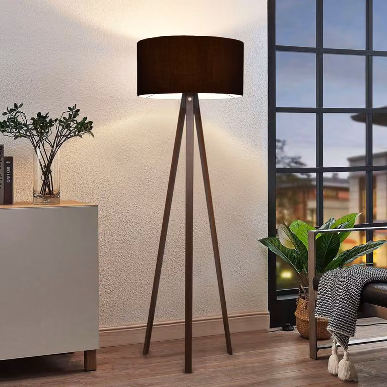 Opviq, lampada da terra di alta qualità realizzata al 100% in legno, altezza 140 cm, attacco E27 max. 40 W, colore marrone, cappuccio in PVC (21 x 38 cm) | Design scandinavo per una casa moderna.