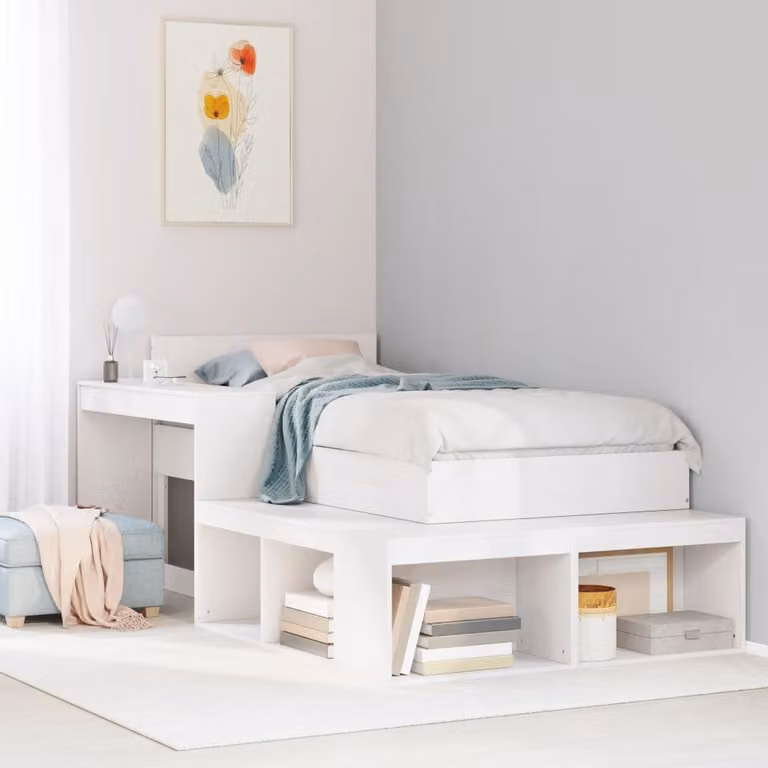 vidaXL Comodino con Scrivania in Legno di Pino Bianco L: 222 cm, P: 107 cm, H: 75 cm
