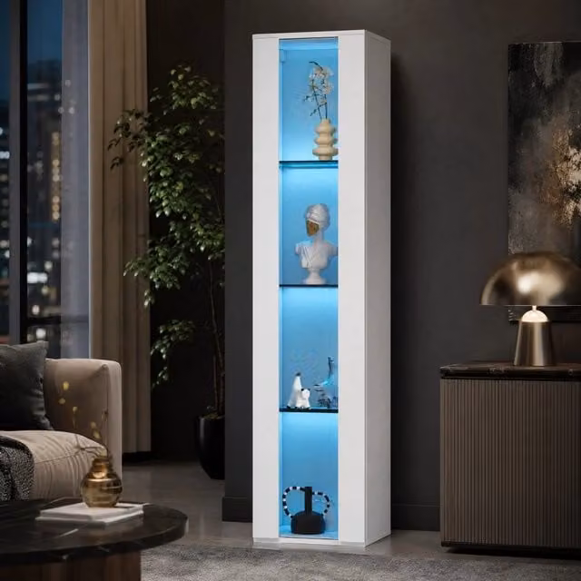 Vetrina 40x29x170 cm bianca in pannello truciolare, 4 livelli con luci LED