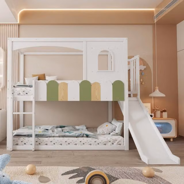 Letto a castello per bambini 90 x 200 cm con struttura a forma di casa e finestre, design multicolore, scivolo e scala di sicurezza - Bianco