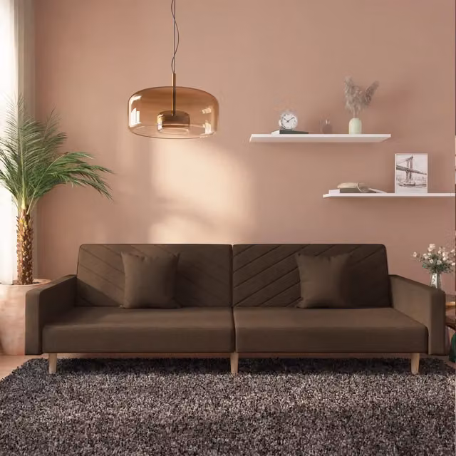 Divano Letto Click-Clack vidaXL in Tessuto Marrone con 2 Cuscini e Struttura in Legno Massello