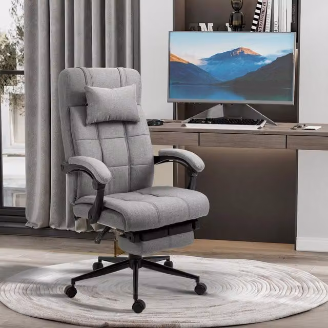 Sedia da Ufficio Ergonomica Girevole con Poggiatesta e Poggiapiedi in Lino Grigio Chiaro