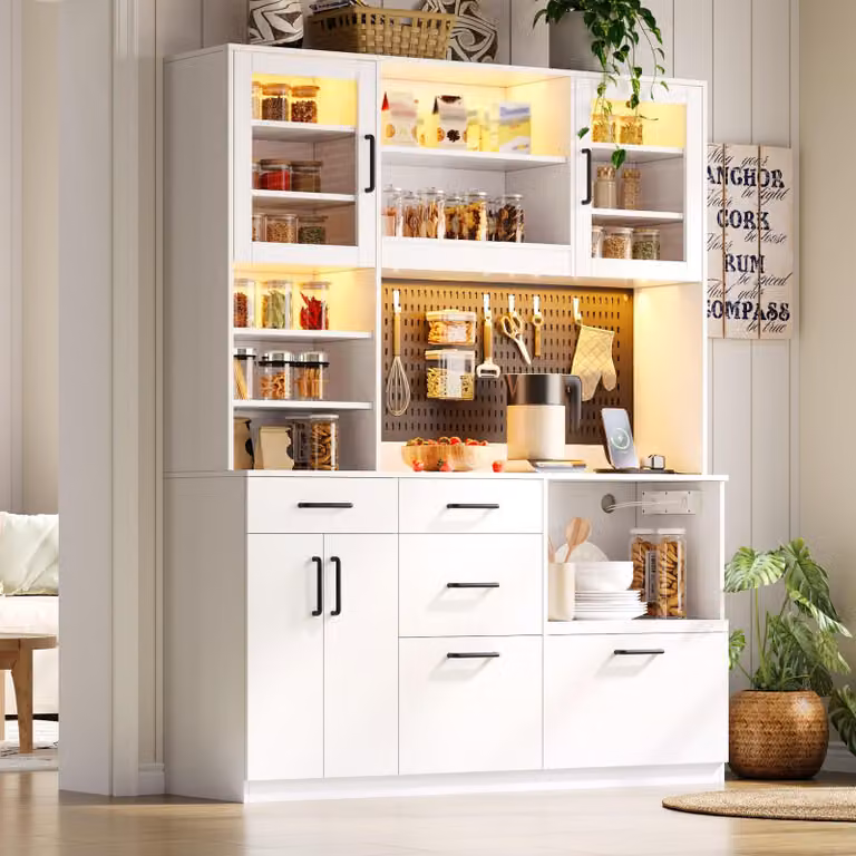 Mobile da cucina con piano di lavoro, presa di corrente e porta USB, mobile da cucina in MDF bianco con illuminazione LED RGB, dimensioni 145x40x185 cm