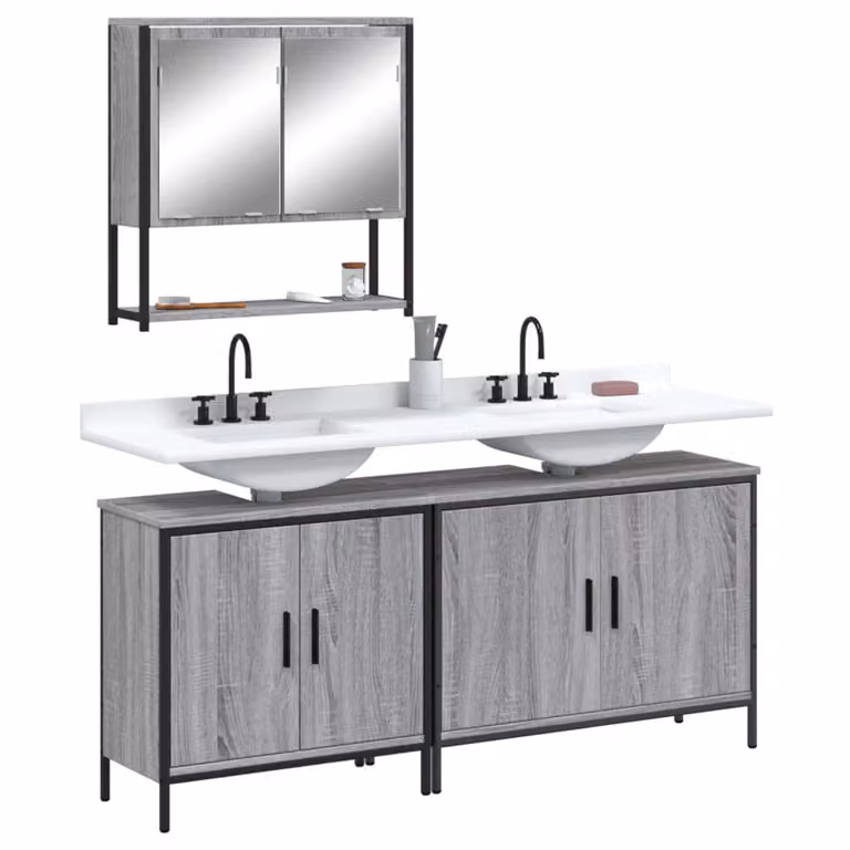 Set di mobili da bagno vidaXL 3 pezzi grigio moderno con mobile lavabo e armadietto specchio in legno e metallo