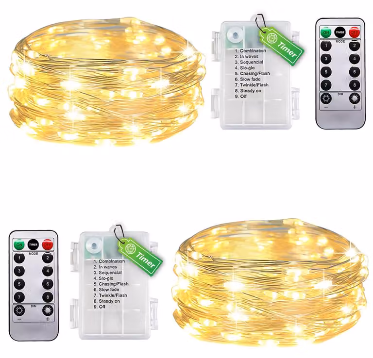 Set di 2 catene luminose a filo, lunghezza 5 metri, 50 LED bianco caldo, con timer e telecomando
